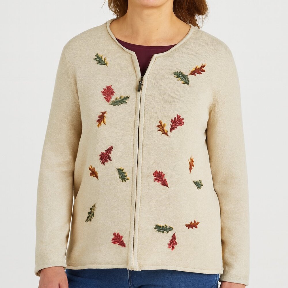 Croft & Barrow Zippered Beige Cardigan with Leaf Embroidery Size M